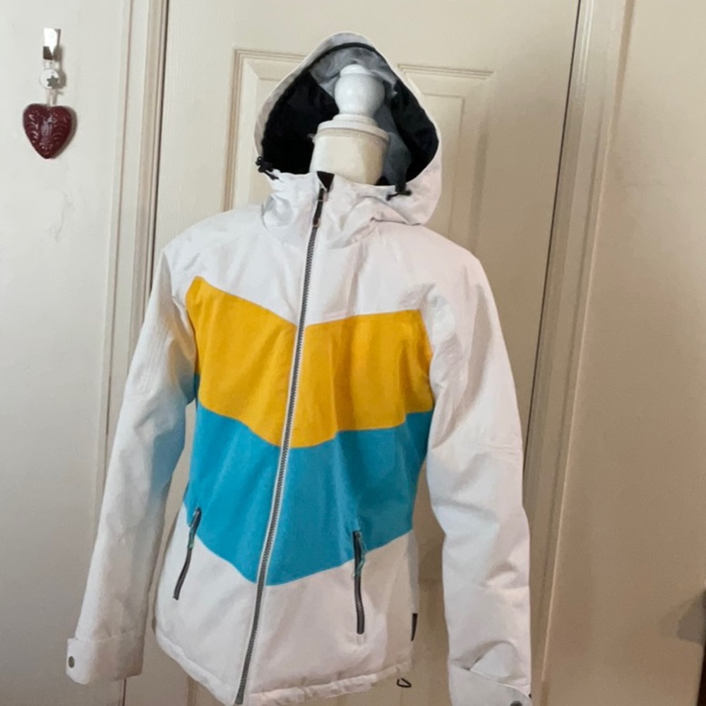 Obermeyer White, Yellow, and Blue Ski Jacket